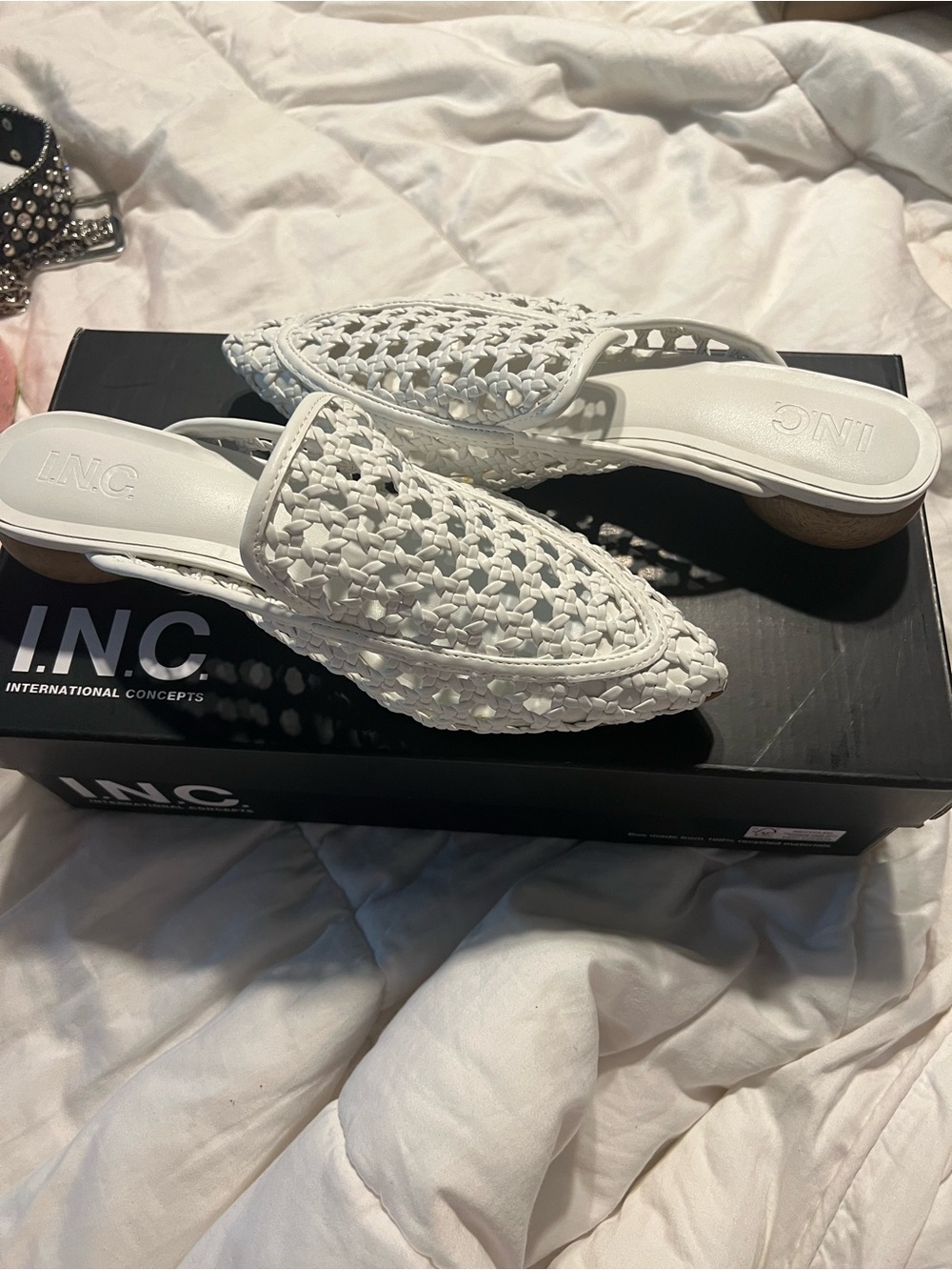 INC International Concepts Jalissap White Woven Backless Pointed Mules